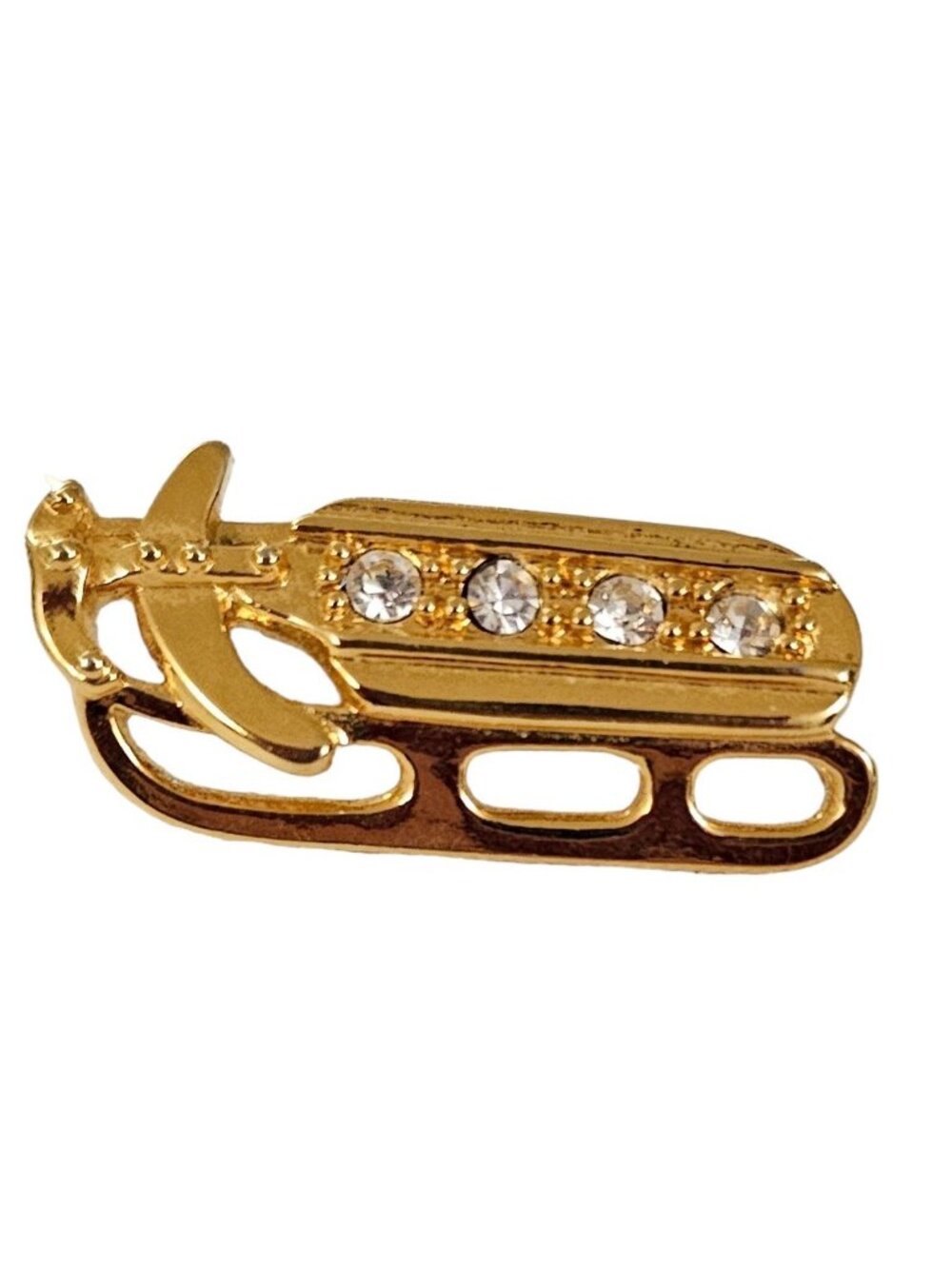 Gold Tone Clear Rhinestone Snow Ski Sled Lapel Pin K270